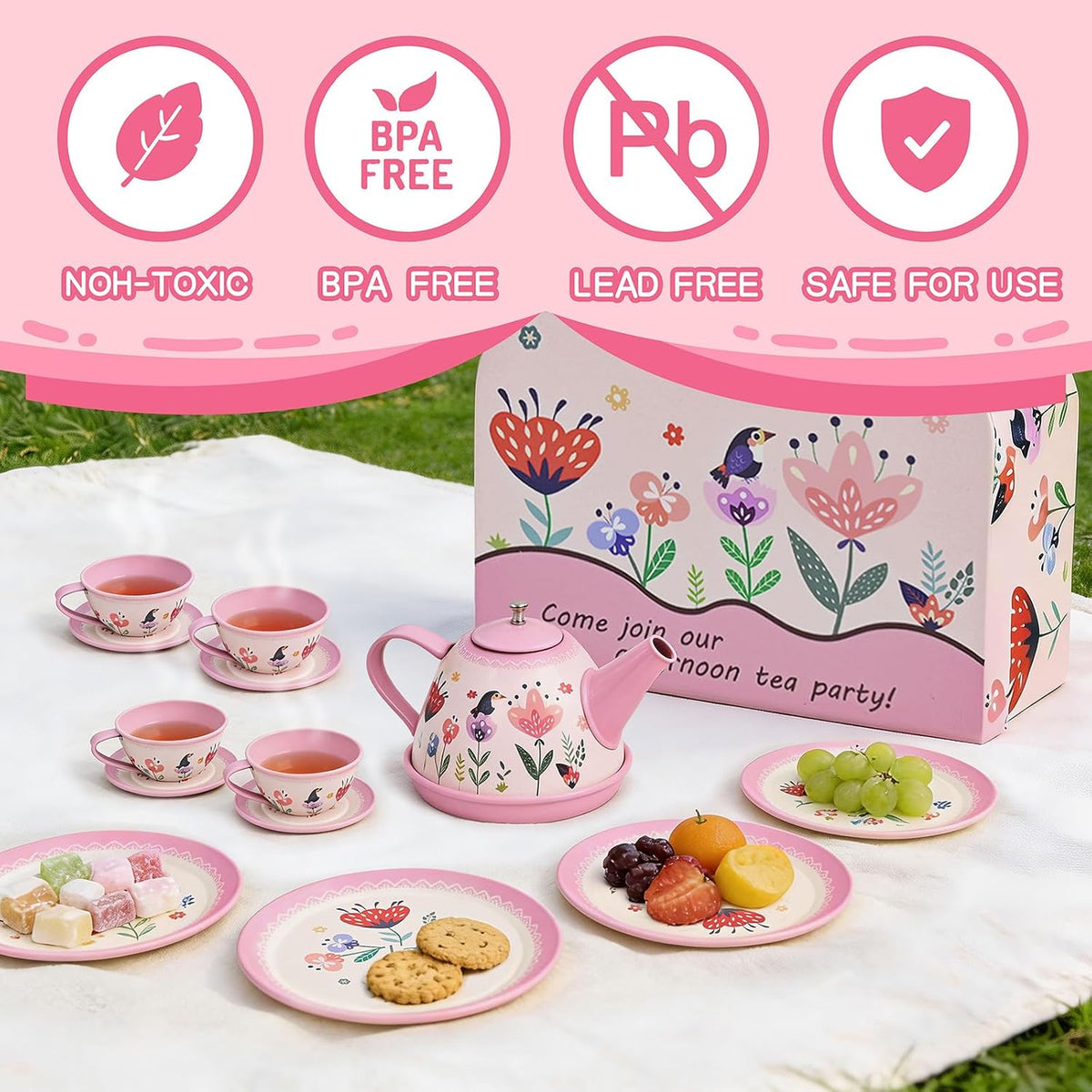 Tea Party Set for Little Girls, 15 Pcs Floral Tea Time Toy
