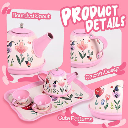 Tea Party Set for Little Girls, 15 Pcs Floral Tea Time Toy