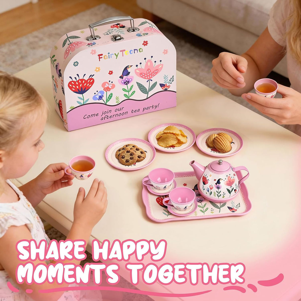 Tea Party Set for Little Girls, 15 Pcs Floral Tea Time Toy
