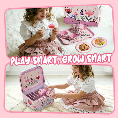 Tea Party Set for Little Girls, 15 Pcs Floral Tea Time Toy