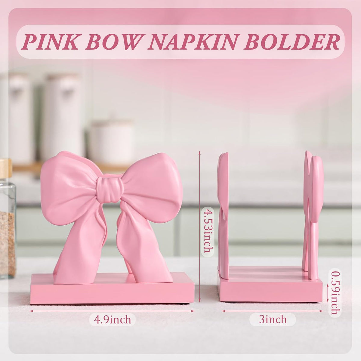 Pink Bow Napkin Holder Countertop 3D Coquette Kitchen Decor Cute Bow Napkin Dispenser for Home Dining Room Back to School Teacher Gift Bridal Shower Housewarming Gift for Women