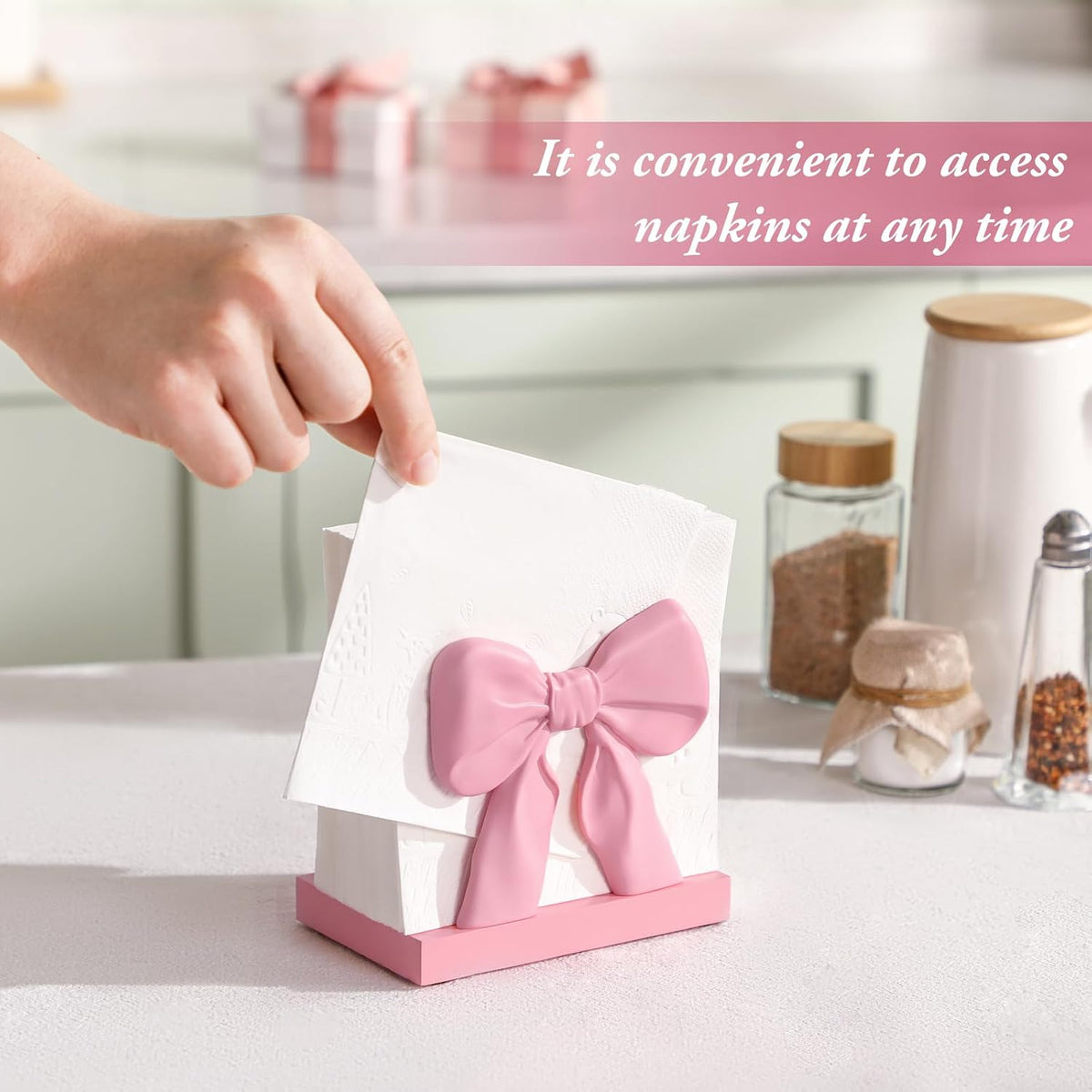 Pink Bow Napkin Holder Countertop 3D Coquette Kitchen Decor Cute Bow Napkin Dispenser for Home Dining Room Back to School Teacher Gift Bridal Shower Housewarming Gift for Women