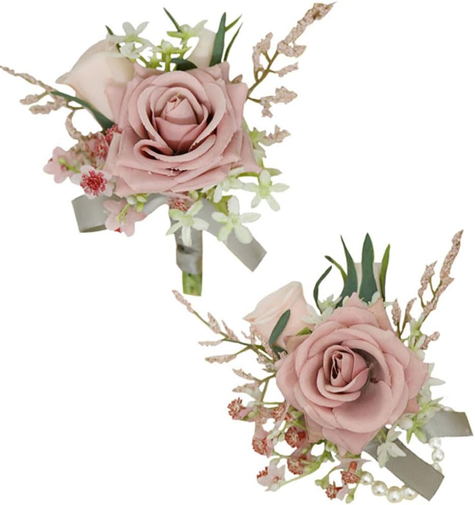 Wrist Corsage & Boutonniere Set, Pink, 2 Pieces