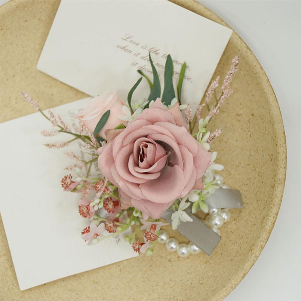 Wrist Corsage & Boutonniere Set, Pink, 2 Pieces