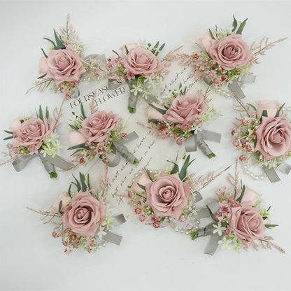 Wrist Corsage & Boutonniere Set, Pink, 2 Pieces