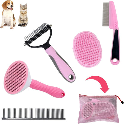 Dog Grooming Kit - Deshedding Brush for Short Hair, Slicker Brush, Flea Comb, Puppy Brush Set in Pink