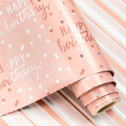 Reversible Pink Birthday Wrapping Paper Roll for Girls Women, Happy Birthday Lettering & Stripe Pattern with Metallic Foil in Pink, Mini Roll, 17 inches x 9.8 Feet
