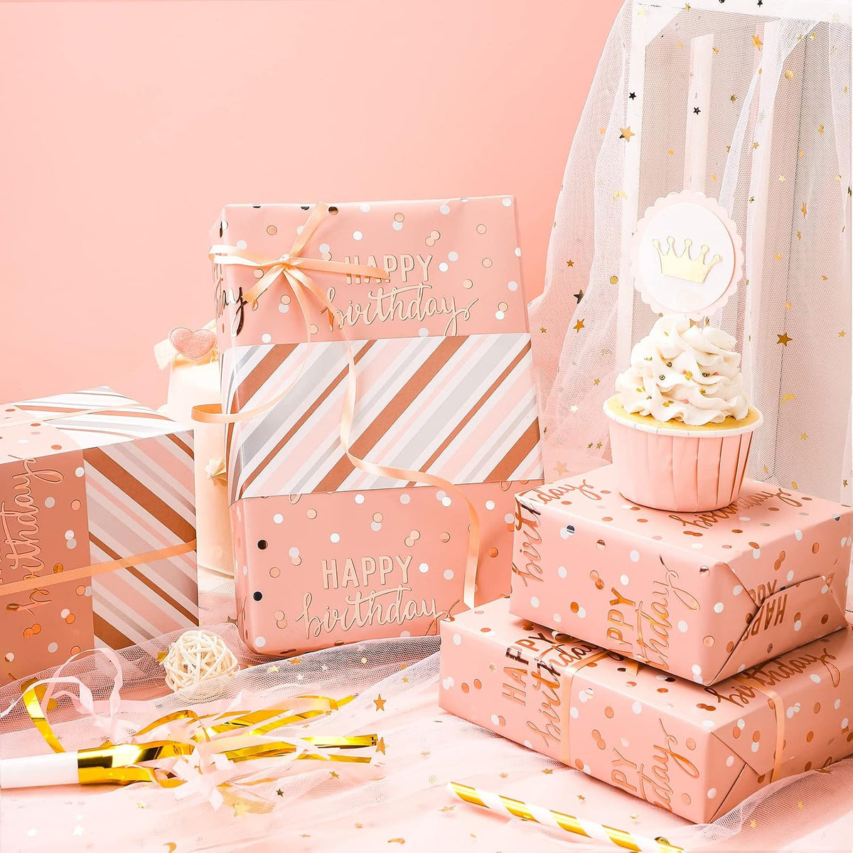 Reversible Pink Birthday Wrapping Paper Roll for Girls Women, Happy Birthday Lettering & Stripe Pattern with Metallic Foil in Pink, Mini Roll, 17 inches x 9.8 Feet