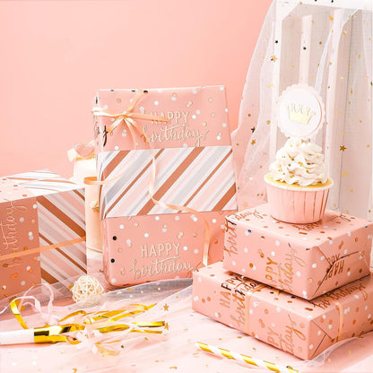 Reversible Pink Birthday Wrapping Paper Roll for Girls Women, Happy Birthday Lettering & Stripe Pattern with Metallic Foil in Pink, Mini Roll, 17 inches x 9.8 Feet