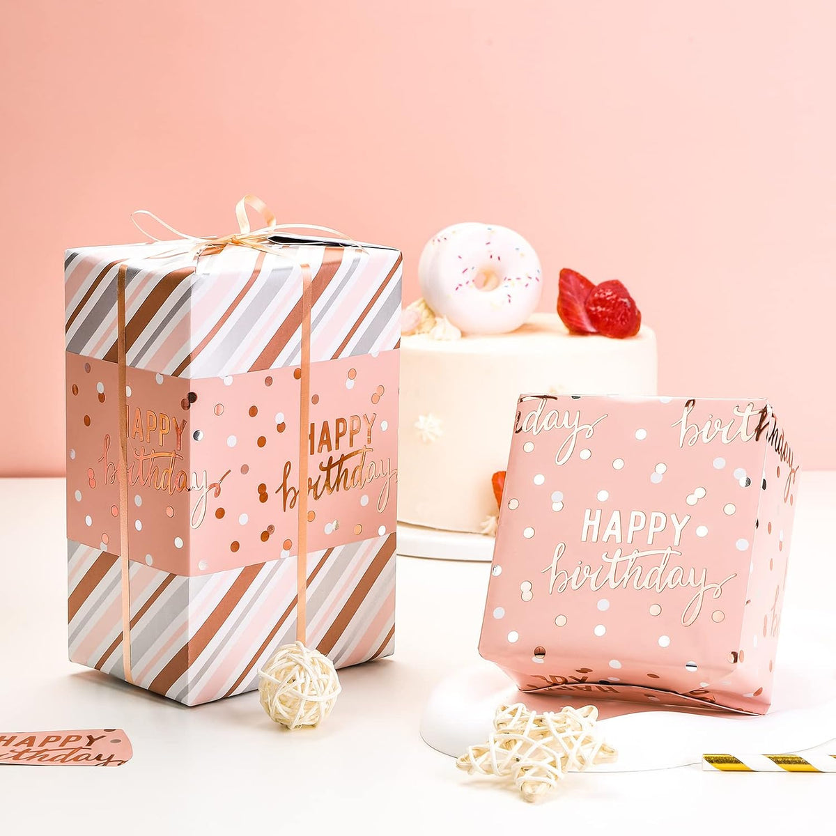 Reversible Pink Birthday Wrapping Paper Roll for Girls Women, Happy Birthday Lettering & Stripe Pattern with Metallic Foil in Pink, Mini Roll, 17 inches x 9.8 Feet