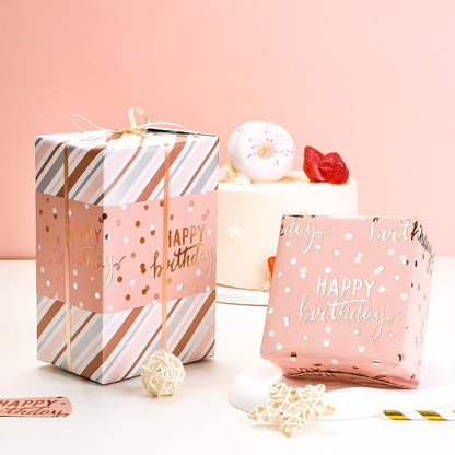 Reversible Pink Birthday Wrapping Paper Roll for Girls Women, Happy Birthday Lettering & Stripe Pattern with Metallic Foil in Pink, Mini Roll, 17 inches x 9.8 Feet