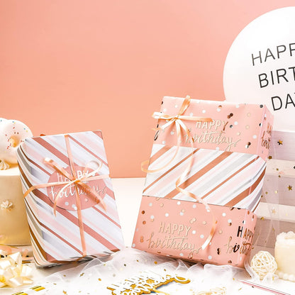 Reversible Pink Birthday Wrapping Paper Roll for Girls Women, Happy Birthday Lettering & Stripe Pattern with Metallic Foil in Pink, Mini Roll, 17 inches x 9.8 Feet
