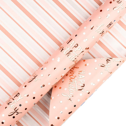 Reversible Pink Birthday Wrapping Paper Roll for Girls Women, Happy Birthday Lettering & Stripe Pattern with Metallic Foil in Pink, Mini Roll, 17 inches x 9.8 Feet