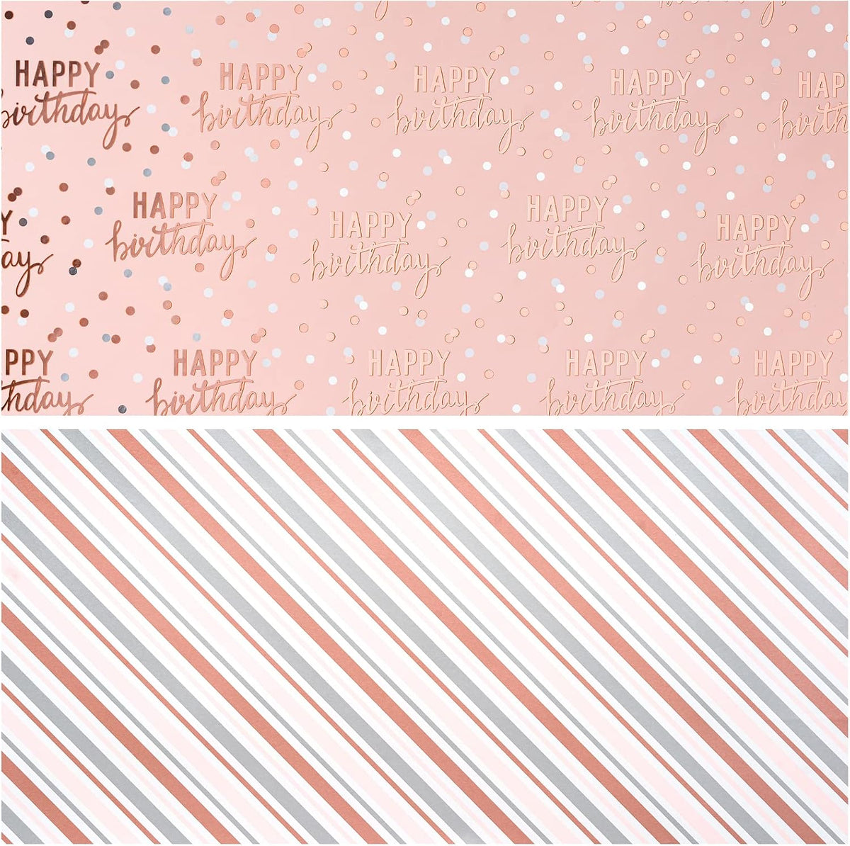 Reversible Pink Birthday Wrapping Paper Roll for Girls Women, Happy Birthday Lettering & Stripe Pattern with Metallic Foil in Pink, Mini Roll, 17 inches x 9.8 Feet