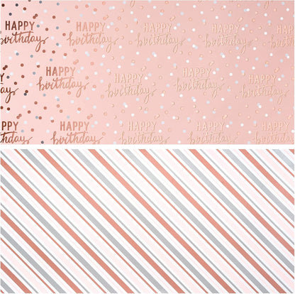 Reversible Pink Birthday Wrapping Paper Roll for Girls Women, Happy Birthday Lettering & Stripe Pattern with Metallic Foil in Pink, Mini Roll, 17 inches x 9.8 Feet