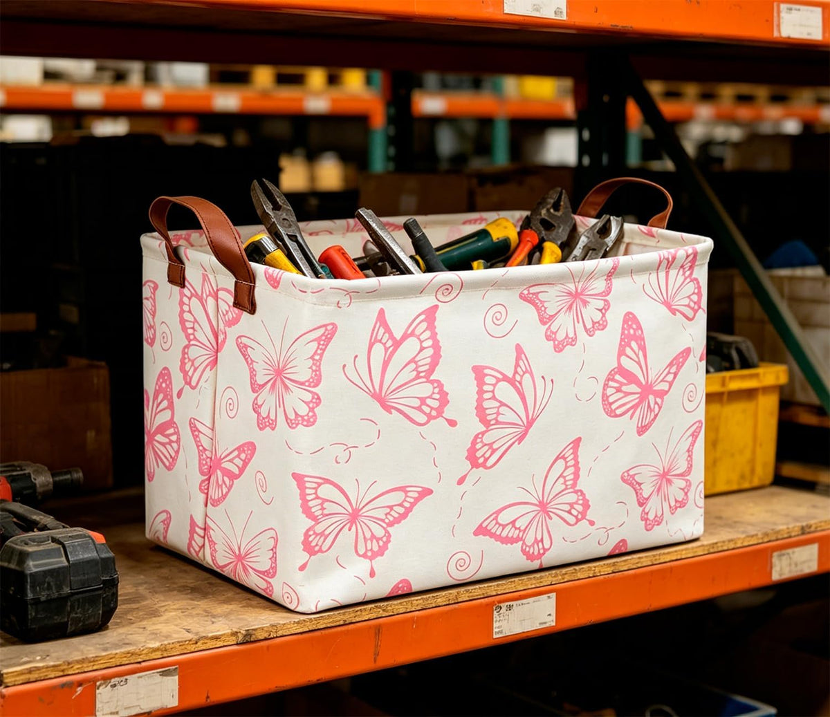 Rectangular Fabric Storage Bin, Waterproof Storage Box with Handles(Pink Butterfly)