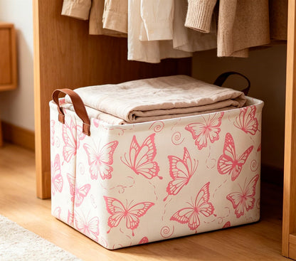 Rectangular Fabric Storage Bin, Waterproof Storage Box with Handles(Pink Butterfly)