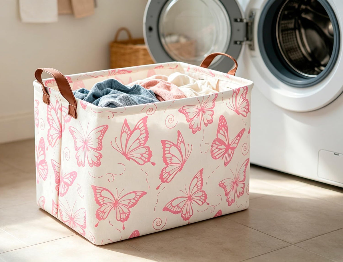 Rectangular Fabric Storage Bin, Waterproof Storage Box with Handles(Pink Butterfly)