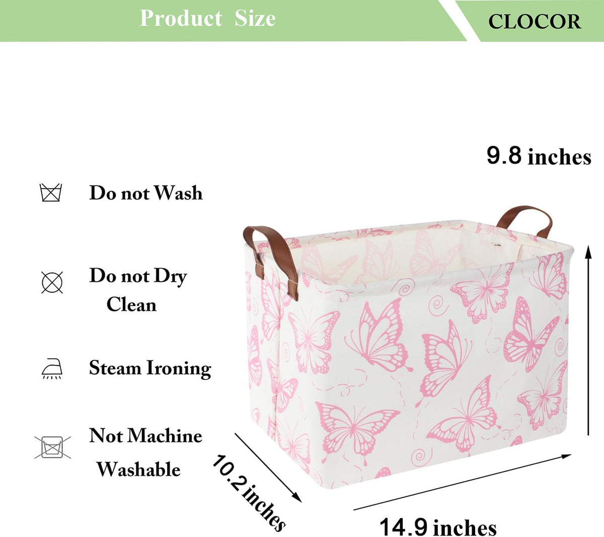 Rectangular Fabric Storage Bin, Waterproof Storage Box with Handles(Pink Butterfly)