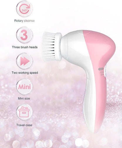 Electric Facial Cleansing Brush for Women, 3-in-1 Face Cleanser and Exfoliator Brush with 3 Brush Heads, 2 Speeds, Waterproof Spin Brush, Travel Size Case, Perfect for Valentine's Day (Pink)
