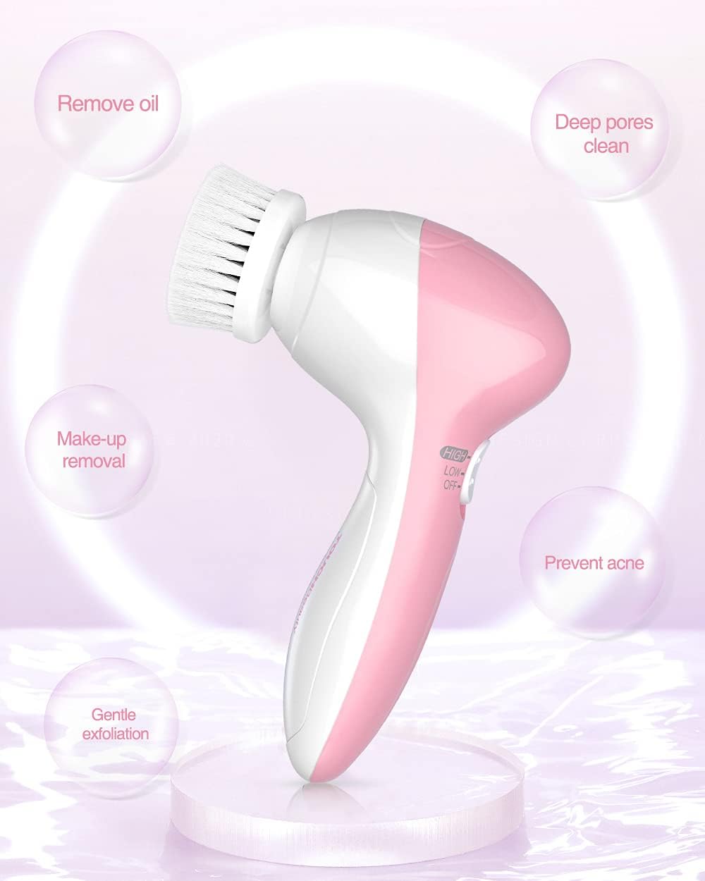 Electric Facial Cleansing Brush for Women, 3-in-1 Face Cleanser and Exfoliator Brush with 3 Brush Heads, 2 Speeds, Waterproof Spin Brush, Travel Size Case, Perfect for Valentine's Day (Pink)