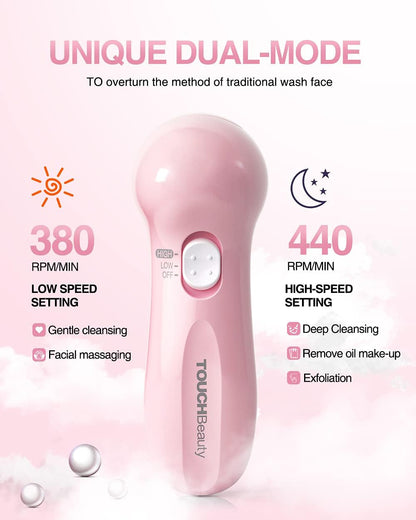 Electric Facial Cleansing Brush for Women, 3-in-1 Face Cleanser and Exfoliator Brush with 3 Brush Heads, 2 Speeds, Waterproof Spin Brush, Travel Size Case, Perfect for Valentine's Day (Pink)