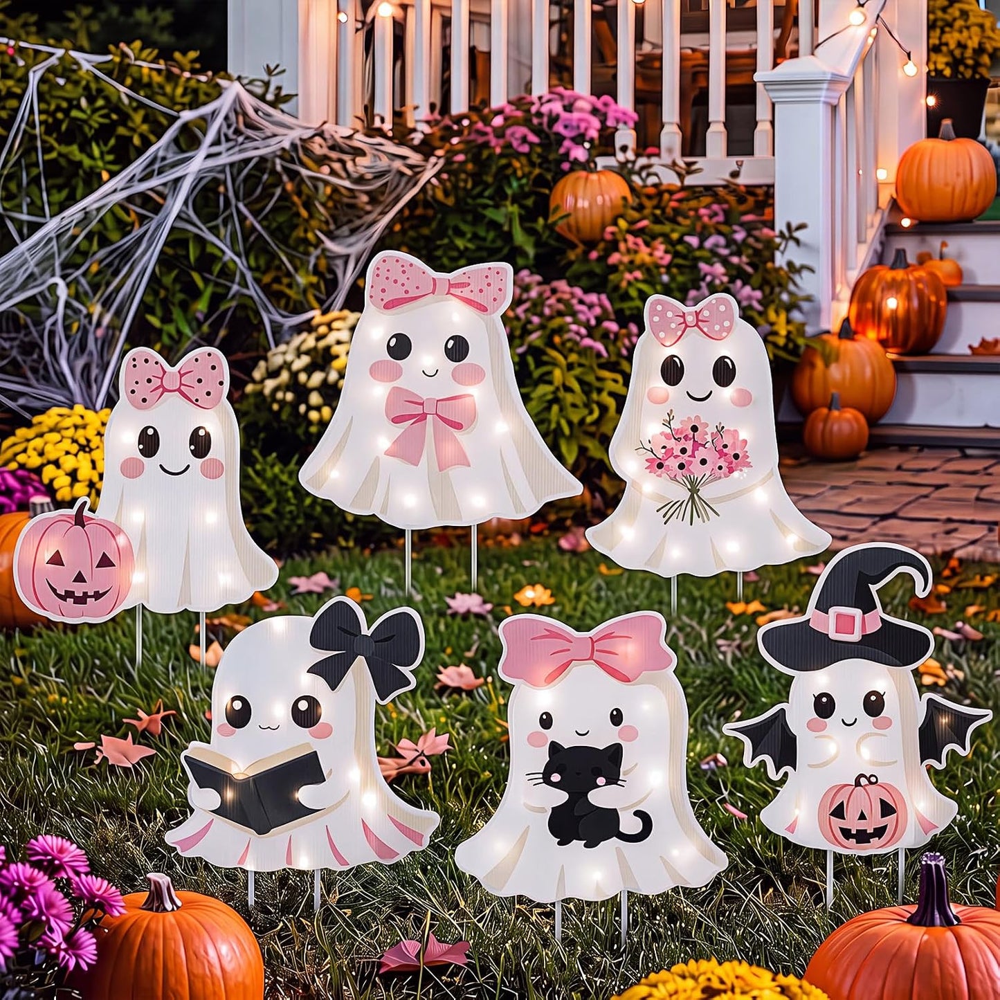 6 Pack Halloween Ghost Yard Stakes Pink Bow Lighted Outdoor Decor