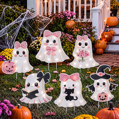 6 Pack Halloween Ghost Yard Stakes Pink Bow Lighted Outdoor Decor