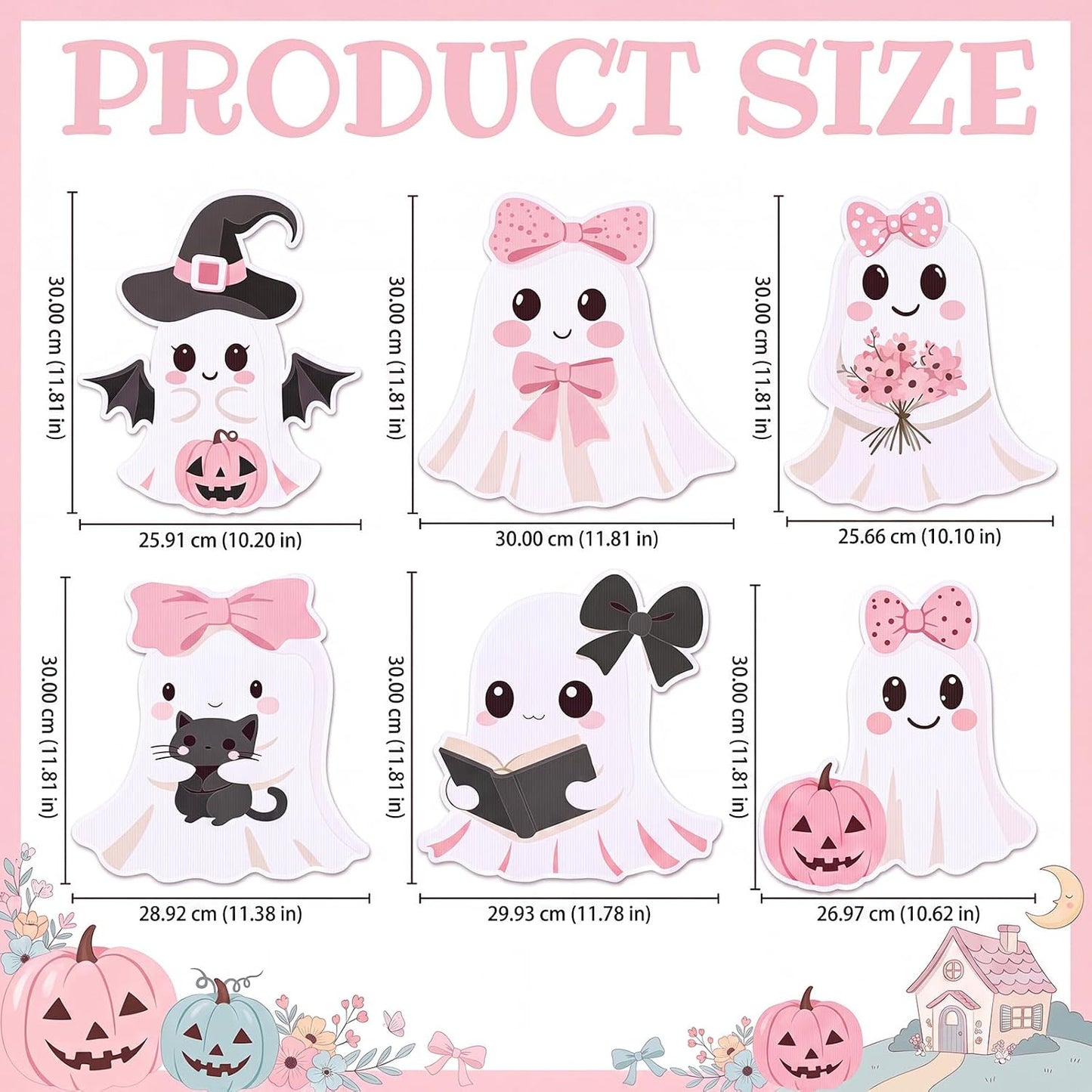 6 Pack Halloween Ghost Yard Stakes Pink Bow Lighted Outdoor Decor