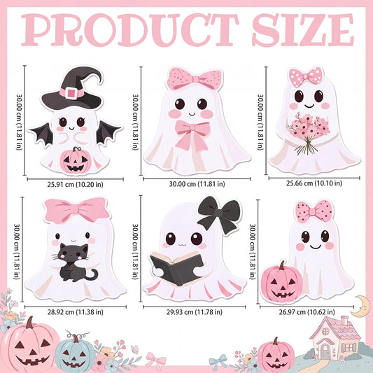 6 Pack Halloween Ghost Yard Stakes Pink Bow Lighted Outdoor Decor