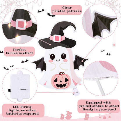 6 Pack Halloween Ghost Yard Stakes Pink Bow Lighted Outdoor Decor