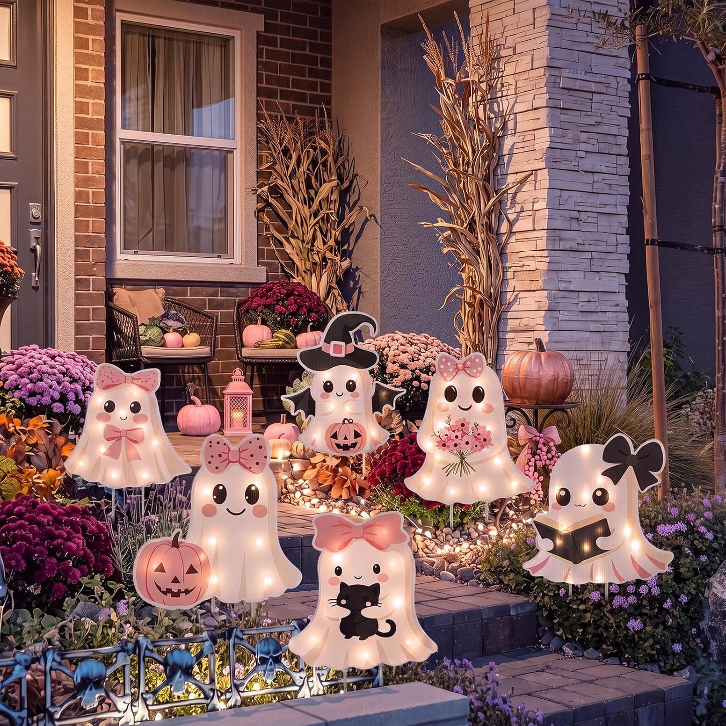 6 Pack Halloween Ghost Yard Stakes Pink Bow Lighted Outdoor Decor