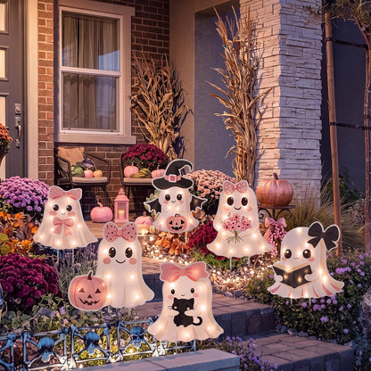 6 Pack Halloween Ghost Yard Stakes Pink Bow Lighted Outdoor Decor