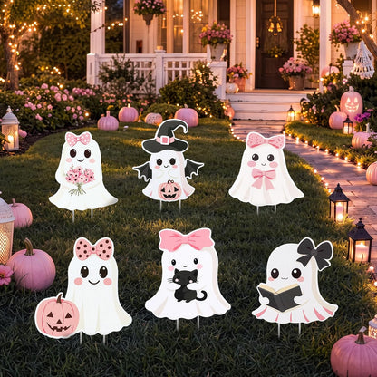 6 Pack Halloween Ghost Yard Stakes Pink Bow Lighted Outdoor Decor