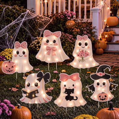6 Pack Halloween Ghost Yard Stakes Pink Bow Lighted Outdoor Decor