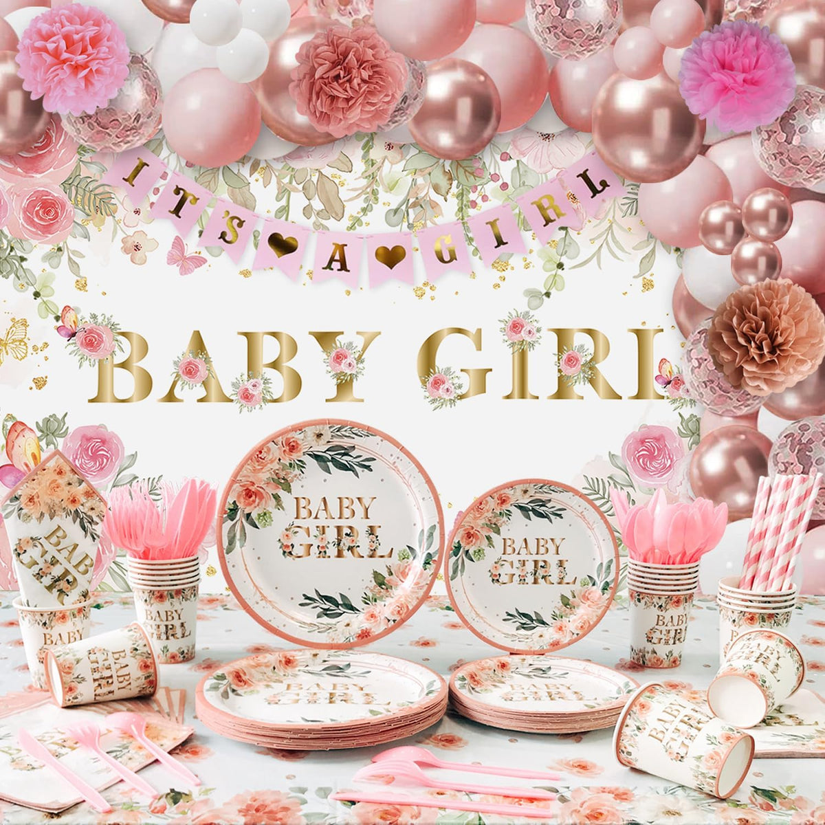 Baby Shower Decorations for Girl,225 PCS Pink Floral Girl Baby Shower Decorations Party Supplies (20 Guest) with Paper Plates Cups Napkins Straws Banner Tablecloth Backdrop Balloons Arch Kit