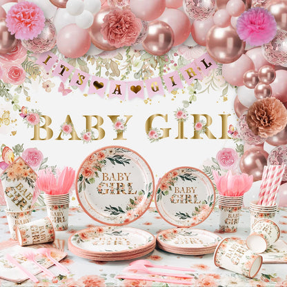 Baby Shower Decorations for Girl,225 PCS Pink Floral Girl Baby Shower Decorations Party Supplies (20 Guest) with Paper Plates Cups Napkins Straws Banner Tablecloth Backdrop Balloons Arch Kit