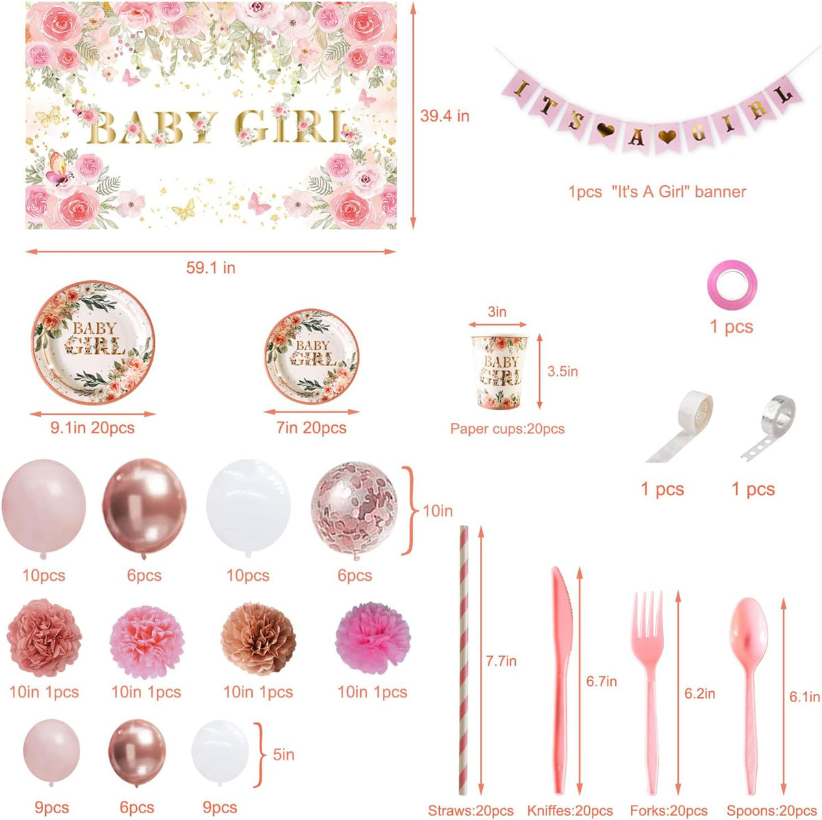 Baby Shower Decorations for Girl,225 PCS Pink Floral Girl Baby Shower Decorations Party Supplies (20 Guest) with Paper Plates Cups Napkins Straws Banner Tablecloth Backdrop Balloons Arch Kit