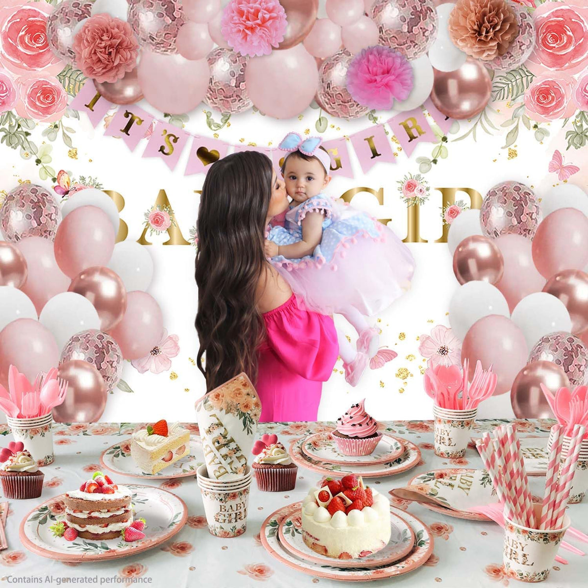 Baby Shower Decorations for Girl,225 PCS Pink Floral Girl Baby Shower Decorations Party Supplies (20 Guest) with Paper Plates Cups Napkins Straws Banner Tablecloth Backdrop Balloons Arch Kit