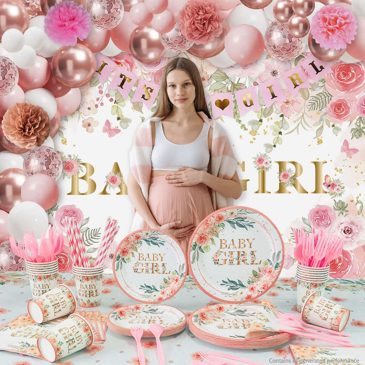 Baby Shower Decorations for Girl,225 PCS Pink Floral Girl Baby Shower Decorations Party Supplies (20 Guest) with Paper Plates Cups Napkins Straws Banner Tablecloth Backdrop Balloons Arch Kit