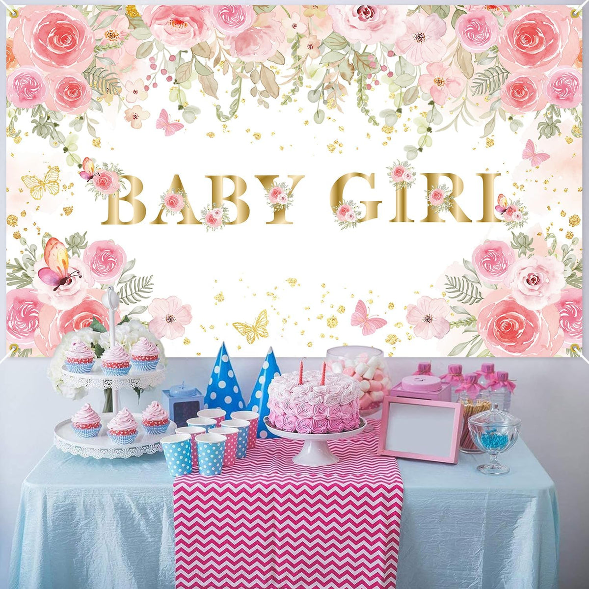 Baby Shower Decorations for Girl,225 PCS Pink Floral Girl Baby Shower Decorations Party Supplies (20 Guest) with Paper Plates Cups Napkins Straws Banner Tablecloth Backdrop Balloons Arch Kit