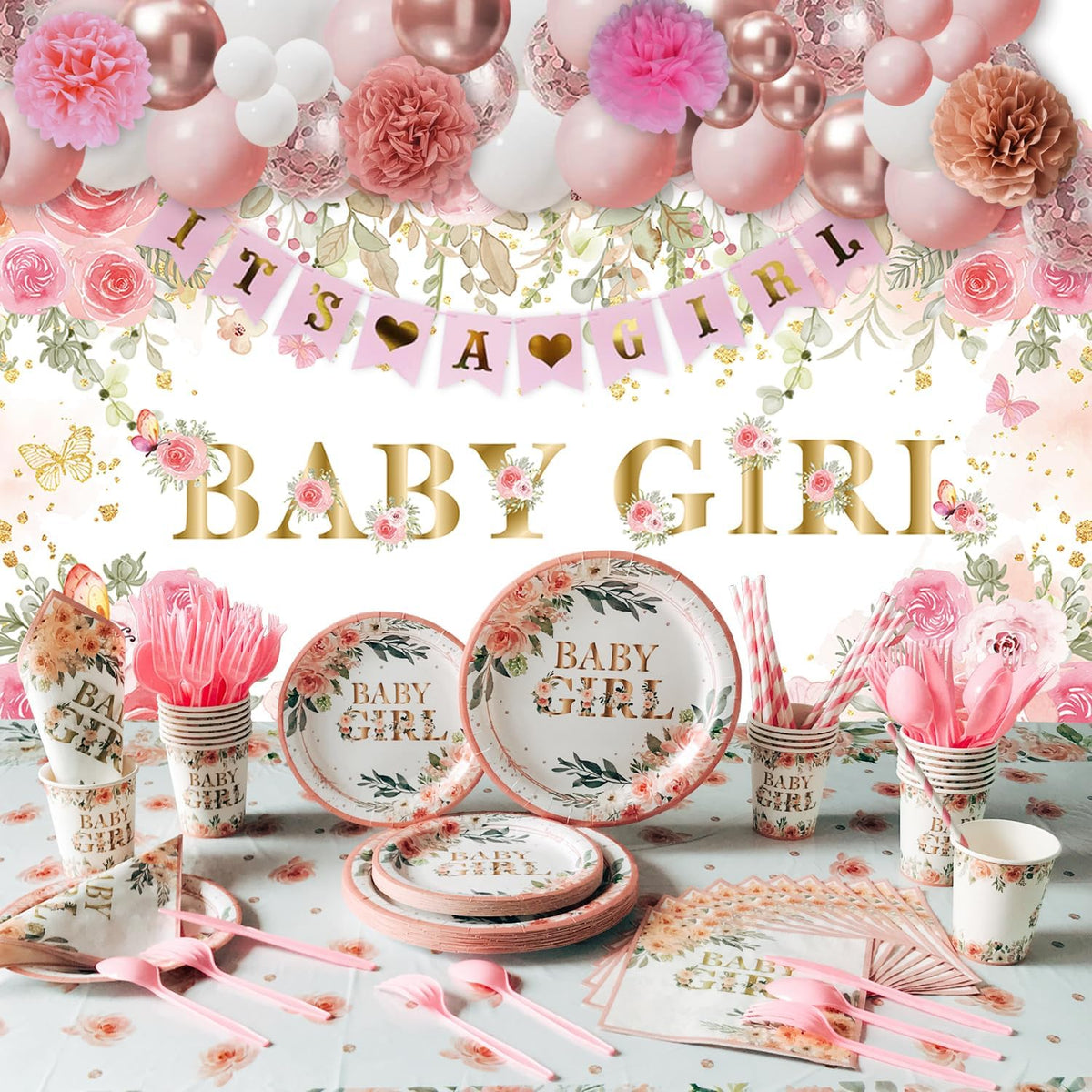 Baby Shower Decorations for Girl,225 PCS Pink Floral Girl Baby Shower Decorations Party Supplies (20 Guest) with Paper Plates Cups Napkins Straws Banner Tablecloth Backdrop Balloons Arch Kit