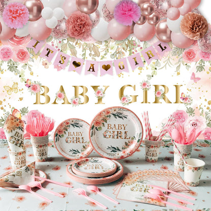 Baby Shower Decorations for Girl,225 PCS Pink Floral Girl Baby Shower Decorations Party Supplies (20 Guest) with Paper Plates Cups Napkins Straws Banner Tablecloth Backdrop Balloons Arch Kit