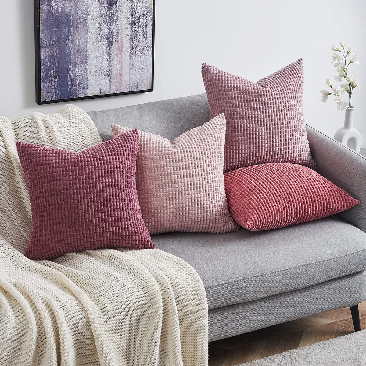 4 Packs Pink Decorative Throw Pillow Covers 16x16 Inch for Living Room Couch Bed Sofa, Boho Western Farmhouse Home Decor, Square Soft Moss Corduroy Fall Cushion Case 40x40 cm