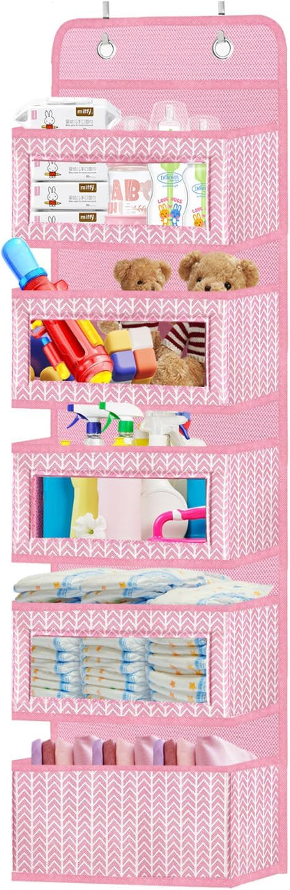 Over The Door Hanging Organizer with 5 Large Pockets - Wall Mount Pantry Storage with 2 Big Metal Hooks for Baby Girl’s Diapers Closet, Bathroom, Nursery, Bedroom, Dorm, Baby, Kids Toys (Pink)