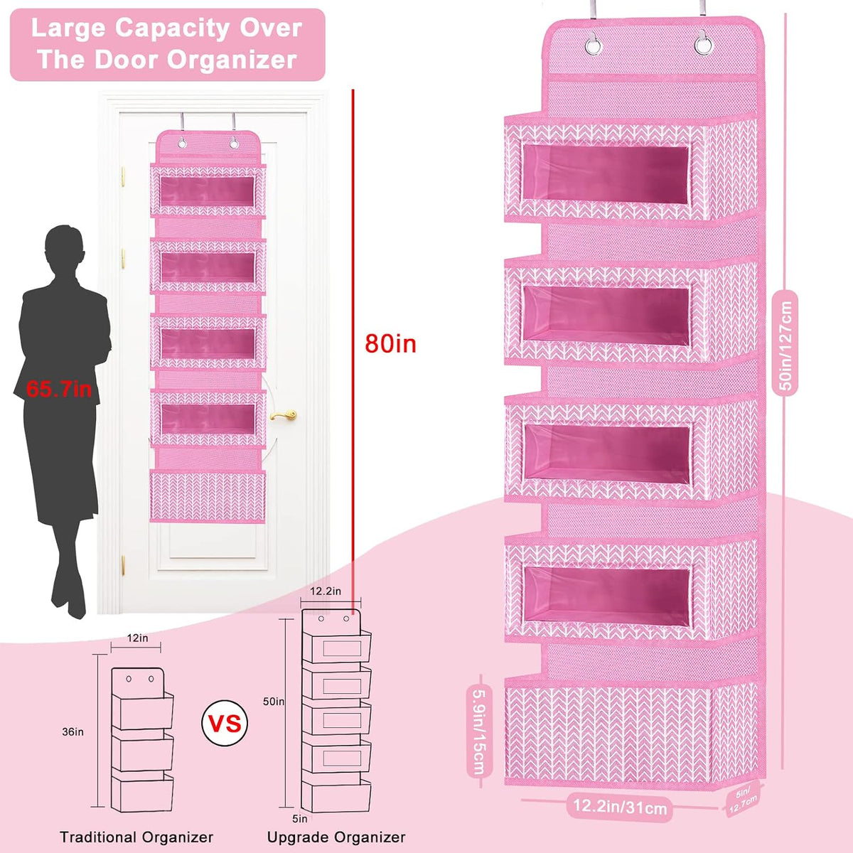 Over The Door Hanging Organizer with 5 Large Pockets - Wall Mount Pantry Storage with 2 Big Metal Hooks for Baby Girl’s Diapers Closet, Bathroom, Nursery, Bedroom, Dorm, Baby, Kids Toys (Pink)