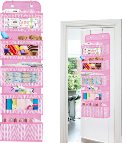 Over The Door Hanging Organizer with 5 Large Pockets - Wall Mount Pantry Storage with 2 Big Metal Hooks for Baby Girl’s Diapers Closet, Bathroom, Nursery, Bedroom, Dorm, Baby, Kids Toys (Pink)