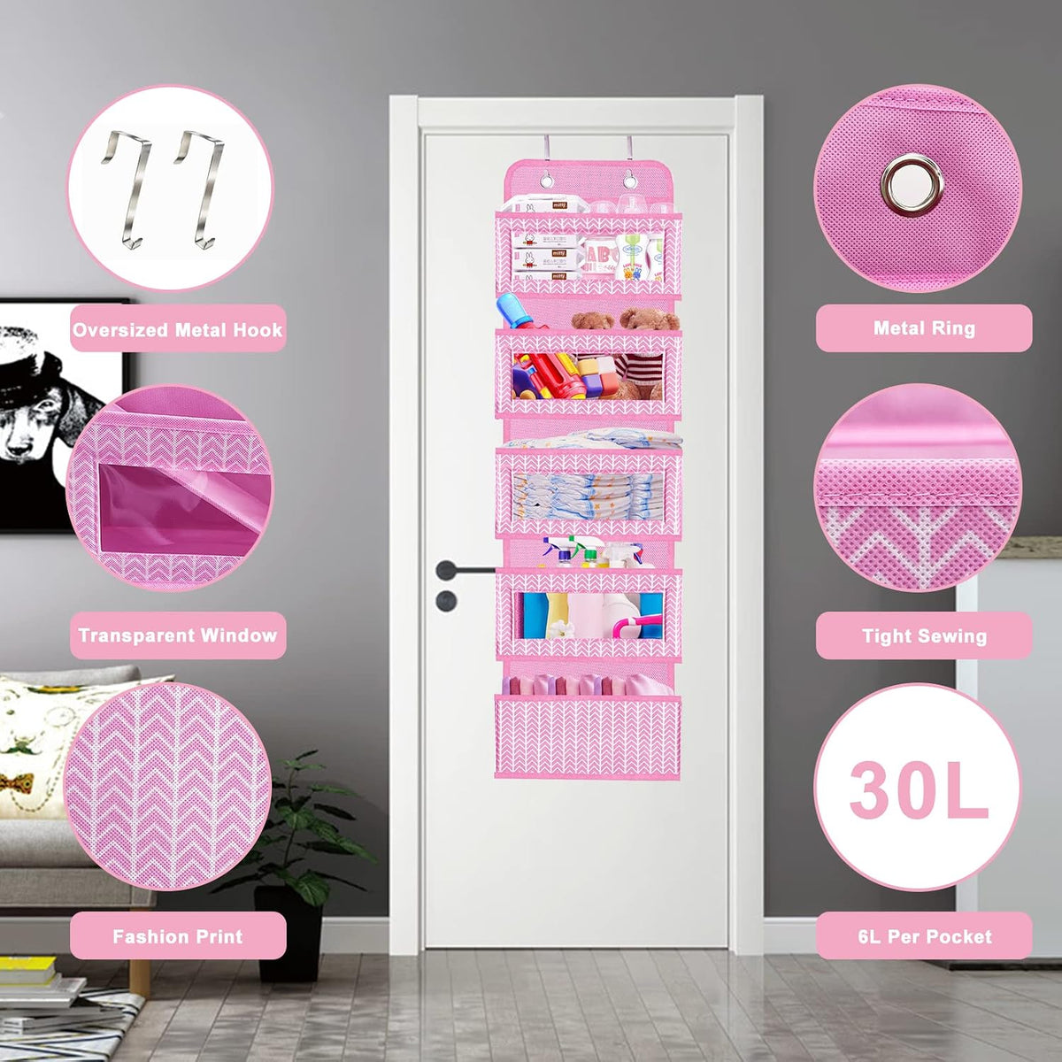 Over The Door Hanging Organizer with 5 Large Pockets - Wall Mount Pantry Storage with 2 Big Metal Hooks for Baby Girl’s Diapers Closet, Bathroom, Nursery, Bedroom, Dorm, Baby, Kids Toys (Pink)