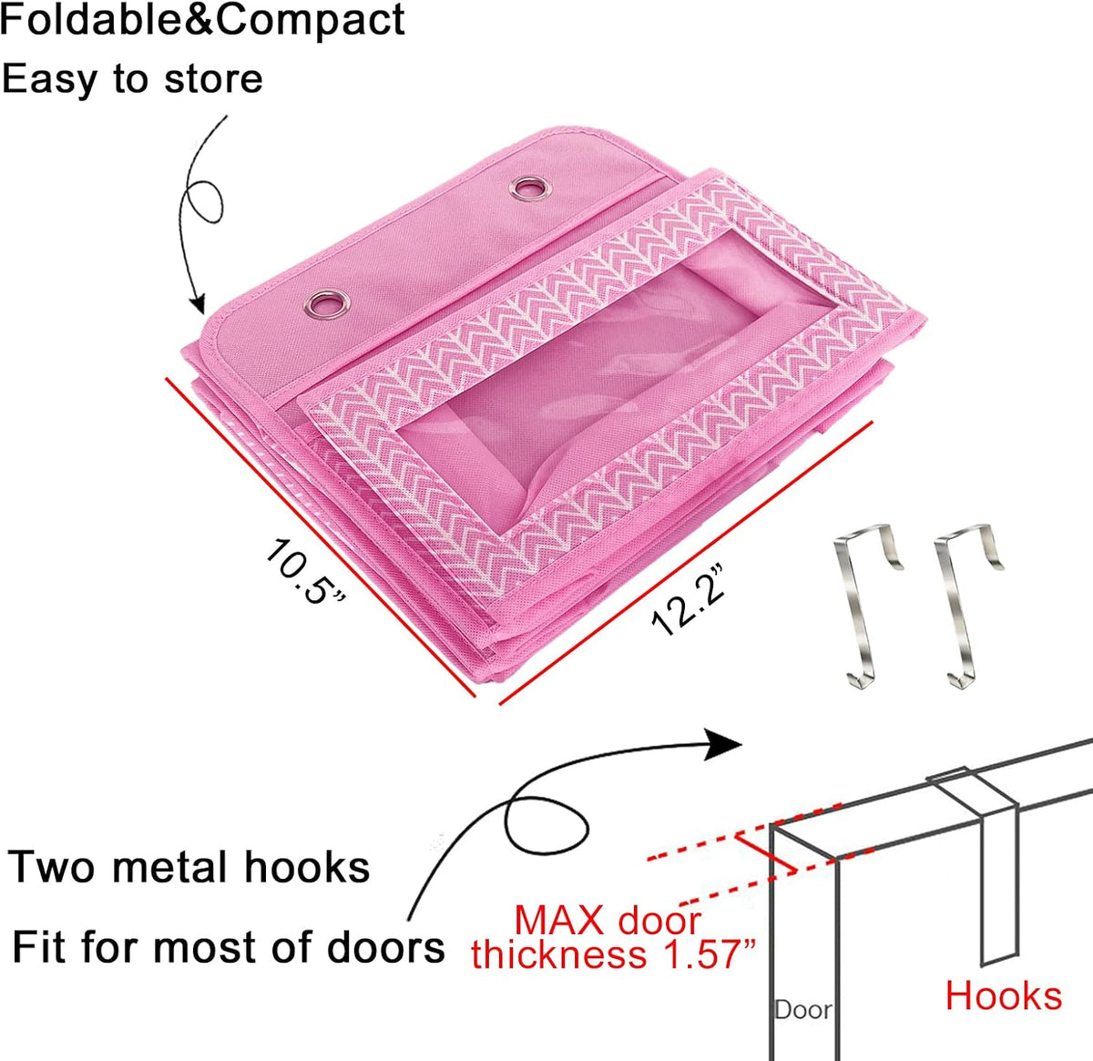 Over The Door Hanging Organizer with 5 Large Pockets - Wall Mount Pantry Storage with 2 Big Metal Hooks for Baby Girl’s Diapers Closet, Bathroom, Nursery, Bedroom, Dorm, Baby, Kids Toys (Pink)