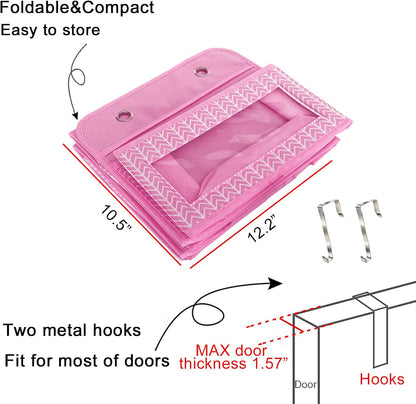 Over The Door Hanging Organizer with 5 Large Pockets - Wall Mount Pantry Storage with 2 Big Metal Hooks for Baby Girl’s Diapers Closet, Bathroom, Nursery, Bedroom, Dorm, Baby, Kids Toys (Pink)